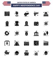 feliz dia da independência 4 de julho conjunto de 25 glifo sólido pictograma americano de arma madison arma grande arma do exército editável dia dos eua vetor elementos de design