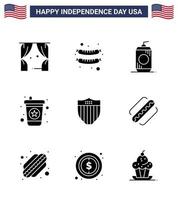 feliz dia da independência pacote de 9 sinais e símbolos de glifos sólidos para os eua escudo cola bebida americana editável dia dos eua vetor elementos de design