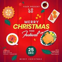 cartão de saudação de convite de evento de cartaz de natal mídia social com vários alimentos ilustração vetorial fundo vermelho vetor