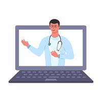 médico com estetoscópio na tela do laptop. serviços de saúde modernos e conceito de telemedicina online. vetor