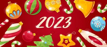 feliz ano novo 2023, cartão postal, banner com decorações de natal. ilustração vetorial vetor