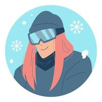 mulher usando óculos de esqui sorrindo. retrato de personagem de avatar de inverno. ilustração em vetor colorido dos desenhos animados. roupa quente da moda moderna. queda de neve. ícone de neve. snowboard