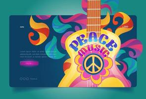 banner de música de paz com sinal de hippie e guitarra vetor