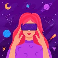 conceito de tecnologia do mundo digital metaverse. jovem em óculos de realidade virtual conectados à simulação do metaverso cibernético. experiência de rede de inovação, jogos de ar. estilo de vida futurista vetor