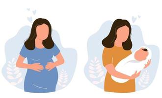 uma mulher grávida e com um bebê recém-nascido nos braços. uma mãe feliz esperando um bebê. gráficos vetoriais. vetor