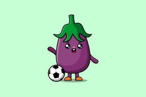 personagem de berinjela bonito dos desenhos animados jogando futebol vetor