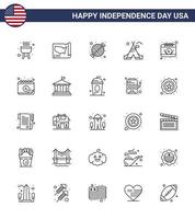 25 ícones criativos dos eua, sinais modernos de independência e símbolos de 4 de julho do calendário, barraca de acampamento de churrasco americano, editável gratuitamente, elementos de design do vetor do dia dos eua