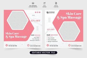 design de pôster promocional de tratamento de pele e massagem de spa com cores rosa e escuras. vetor de modelo de anúncio de negócios de centro de beleza com espaços reservados para fotos. modelo de serviço de tratamento corporal.