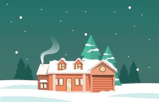 casa em casa na ilustração de inverno de queda de neve à noite vetor