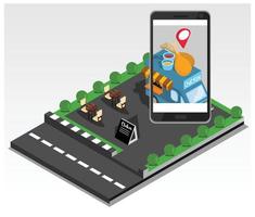 Conceito de vetor plano isométrico 3d de, aplicativo de pedido de comida on-line de restaurante e café com smartphone. adequado para diagramas, infográficos e outros ativos gráficos