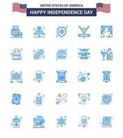 pacote de 25 sinais de blues de celebração do dia da independência dos eua e símbolos de 4 de julho, como lazer esporte escudo americano hokey editável dia dos eua vetor elementos de design