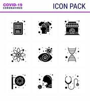 vírus corona 2019 e 2020 epidemia 9 pacote de ícones pretos de glifo sólido, como pesquisa de pesquisa, átomo de ciência fechada, coronavírus viral 2019nov elementos de design de vetor de doença
