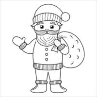 vetor preto e branco papai noel acenando com a mão com o saco. ícone de geada de pai de inverno bonito ou página para colorir. ilustração de personagem de contorno engraçado para design de natal, ano novo ou inverno