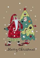cartão de natal com papai noel e uma árvore de natal festiva. estilo rabisco. vetor. vetor