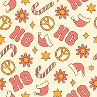 padrão sem emenda de natal groovy hippie. fundo floral festivo retrô no estilo dos anos 60, 70. ilustração vetorial na moda. Cores pastel vetor