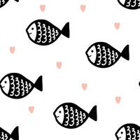 padrão perfeito com peixes pretos e corações, impressão simples para papel de parede, capa, têxteis infantis, decoração de berçário, design de interiores, moda para bebês, fundo branco, ilustração subaquática, vida no oceano vetor