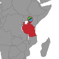 pin mapa com bandeira da Tanzânia no mapa do mundo. ilustração vetorial. vetor