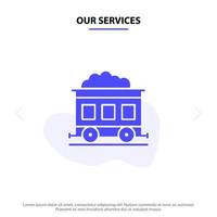 nosso modelo de cartão da web de ícone de glifo sólido de transporte de trem de poluição de serviços vetor