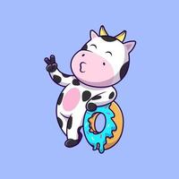 mão de paz de vaca fofa com ilustração de ícones do vetor dos desenhos animados donut. conceito de desenho animado plano. adequado para qualquer projeto criativo.