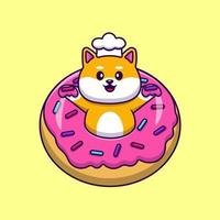 cão bonito chef shiba inu com ilustração de ícones donut cartoon vector. conceito de desenho animado plano. adequado para qualquer projeto criativo. vetor