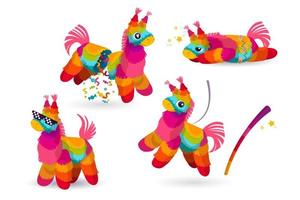 burro mexicano piñata e morcego, conjunto de brinquedos coloridos vetor