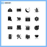 pacote de interface do usuário com 16 glifos sólidos básicos de pesquisa mala de viagem meia-lua elementos de design vetorial editáveis vetor