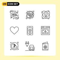 9 ícones criativos para design de site moderno e aplicativos móveis responsivos 9 sinais de símbolos de contorno em fundo branco 9 pacote de ícones vetor