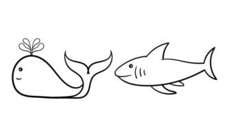 baleia e tubarão desenhados à mão vetor