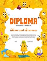 diploma infantil com desenho animado gouda e queijo maasdam vetor