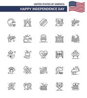 pacote de linha de 25 símbolos do dia da independência dos eua de segurança de arma recebimento de arma americana editável elementos de design do vetor do dia dos eua