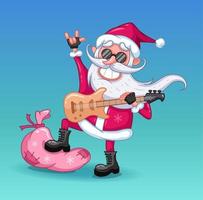 Papai Noel legal com guitarra elétrica e óculos escuros. ilustração de desenhos animados de natal vetor
