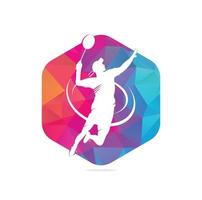 jogador de badminton apaixonado moderno em logotipo de ação - esmagamento de momento vencedor apaixonado. abstrato profissional jovem atleta de badminton em pose apaixonada. vetor