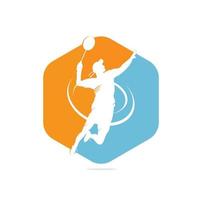 jogador de badminton apaixonado moderno em logotipo de ação - esmagamento de momento vencedor apaixonado. abstrato profissional jovem atleta de badminton em pose apaixonada. vetor