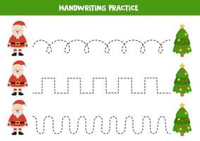 linhas de rastreamento para crianças. fofo papai noel e árvore de natal. prática da escrita. vetor