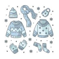 ícones de inverno roupas desenhadas à mão doodle cor cheia vetor