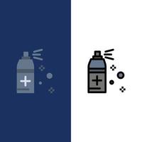 ícones de spray de limpeza de garrafa plano e conjunto de ícones cheios de linha vector fundo azul