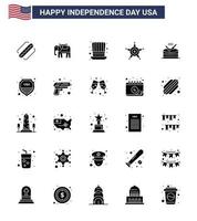 pacote de ícones vetoriais de ações do dia americano 25 sinais e símbolos de glifos sólidos para chapéu de tambor de música polícia dos eua editável elementos de design do vetor do dia dos eua