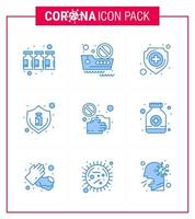 conjunto de ícones de prevenção de coronavírus 9 ícone azul, como vacina de proteção contra vírus covid, vírus viral, doença de 2019nov, vetor, elementos de design vetor