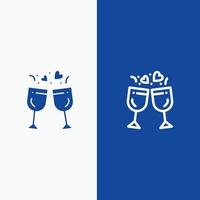 vidro amor bebida linha de casamento e ícone sólido de glifo banner azul linha e ícone sólido de glifo banner azul vetor