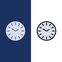 ícones de limpeza de relógio de ponto plano e conjunto de ícones cheios de linha vector fundo azul