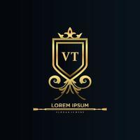 inicial da carta vt com template.elegant real com vetor de logotipo de coroa, ilustração em vetor de logotipo de letras criativas.