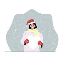 design de vetor de cartão de dia dos namorados santo. mulher com chapéu de papai noel segura coração de neve em suas mãos sob a queda de neve. ilustração vetorial