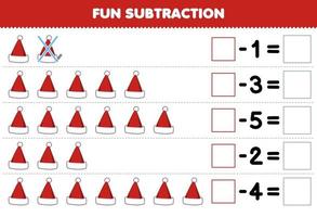 jogo educacional para subtração divertida para crianças, contando um lindo chapéu de Papai Noel de desenho animado em cada linha e eliminando-o planilha de inverno imprimível vetor