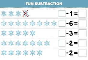 jogo de educação para subtração divertida de crianças contando floco de neve de desenho animado bonito cada linha e eliminando-o planilha de inverno imprimível vetor