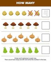 jogo de educação para crianças conte quantos desenhos animados batata cogumelo jicama chuchu e escreva o número na planilha de vegetais para impressão da caixa vetor