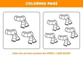 jogo de educação para crianças colorir página mais ou menos imagem de conjunto de arte de linha de cachecol bonito dos desenhos animados folha de trabalho de inverno para impressão vetor