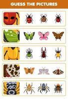 jogo educacional para crianças, adivinhe as imagens corretas de desenhos animados fofos, joaninha, borboleta, besouro, mariposa, aranha, planilha de bugs para impressão vetor