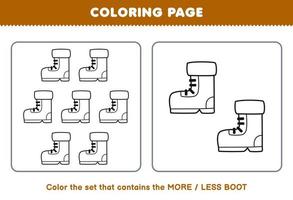 jogo de educação para crianças colorir página mais ou menos imagem de conjunto de arte de linha de bota de desenho animado bonito folha de trabalho de inverno para impressão vetor
