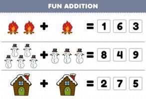 jogo educacional para crianças diversão além de adivinhar o número correto de bonitinho fogueira de desenho animado casa de boneco de neve para impressão planilha de inverno vetor