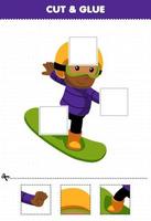 jogo de educação para crianças cortar e colar partes cortadas de um menino bonito dos desenhos animados jogando snowboard e colá-las planilha de inverno imprimível vetor